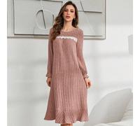 Robe de nuit longue à manches longues en flanelle avec volants et ornement d'une seule épaule, coloris contrastants pour femmes L,M,S,XLBlocs de couleur,UnicoloreTissu tricoté