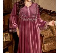 Robe de nuit longue ample en velours style palais avec col demi-ouvert et garniture en dentelle brodée, style vintage, grande taille, pour l'automne et l'hiver, robe de nuit vintage pour dames 0XL,1XL