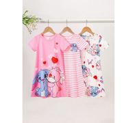 Robe de nuit pour filles, style dessin animé mignon et doux, design lapin cœur rose pur, rayures rose & blanc sur fond blanc, imprimé intégral, nœud lapin, tricot en soie de lait, tissu confortable et