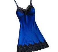 Robe de nuit sexy avec push-up - Nuisette sexy pour femme - Col en V - Lingerie en dentelle - Sous-vêtements en soie - Robe de nuit en satin, bleu, XXL