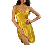 Robe de nuit sexy courte en satin sans manches avec bretelles réglables Motif floral, jaune, XL