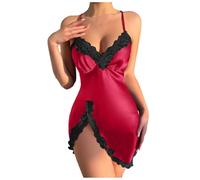 Robe de nuit sexy courte pour femme - En dentelle rouge - En soie - Sans manches - Avec col en V - Nuisette légère - Bretelles fines - Vêtement de détente - Couleur unie, rouge, XL