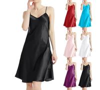 Robe de nuit sexy pour femme - Grande taille - En satin - Vêtement de nuit élégant - Sans manches - Avec col en V - Robe à bretelles - Léger et fin - Couleur unie - Vêtement d'intérieur, Noir , XXXL