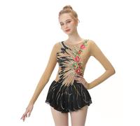Robe De Patinage Artistique À Manches Longues For Filles, Robe De Compétition Extensible For Femmes Avec Décoration Florale(XL)