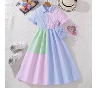 Robe de petite pochette décontractée pour filles pré-adolescentes avec bloc de couleur, rayures et patchwork de style académique mignon. 8Y,9Y,10Y,11Y,12YBlocs de couleur,Rayé,Tout ImpriméPolyester