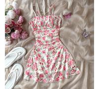 Robe de plage à fines bretelles en maille à imprimé floral pour préadolescentes, convient pour les vacances/jours fériés, vintage/plage/mer/élégante 8Y,9Y,10Y,11Y,12YPlantesTissu en tulle