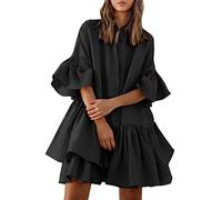 Robe de plage à plusieurs niveaux à manches ballon pour femmes courbées, 2024, solide, ample, mini robes fluides pour femmes, robes de bal élégantes et décontractées pour femmes, Noir , M