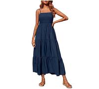 Robe de plage bohème pour femme - Sans manches - Longueur cheville - Robe longue avec bretelles spaghetti - Robe plissée unie - Haut tubulaire - Robe patineuse avec ourlet à volants - Robe d'été