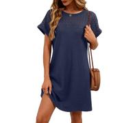 Robe de plage en crochet pour femme - Col rond et manches courtes - Robe d'été décontractée en dentelle tricotée pour les vacances, bleu marine, L
