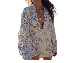 Robe de Plage en Satin imprimé à la Mode pour Femmes surshort Ensemble Deux pièces Pull surdimensionné à Manches Longues et à Motifs