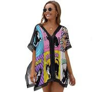 Robe De Plage Femme Adorable Patchwork De Chats Été Cache Maillot De Bain V-Cou Bikini Cover Up Mousseline Robes Ete avec Animaux du Pop Art Kimono Manches Chauve-Souris Vêtement De Plage