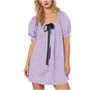 Robe De Plage Femme Carreaux- Robe Ete Femme Manches Courtes Chic Et Elegant Sexy Décontracté Vintage Style Bohème Y2K Ample Été Dress pour Vacances Fête