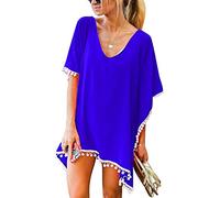 Robe de Plage Femme Courte Tunique Tenue Caftan de Plage Robe Maillot de Bain Bikini Cover Up Mousseline Kaftan Sortie de Plage Chemise Pareo Plage Poncho Legere Fluide Grande Taille Ete Saphir