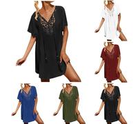Robe de Plage Femme Dentelle Bohème Col en V Couleur Unie Cache Maillots et Sarongs Femme Taille Grande Contrôle du Ventre Cache Maillot de Bain Bikini Cover Up Beachwear Plage Été 2025