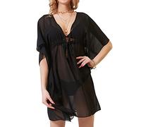 Robe de Plage Femme ete Cache-maillots kimono Maillot pour Bikini Couvrir Bain V-Cou Sexy couleur unie mousseline Beach Cover Up L'été paréo(Taille unique,Noir)