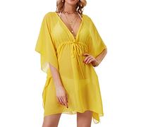 Robe de Plage Femme ete Cache-maillots kimono Maillot pour Bikini Couvrir Bain V-Cou Sexy couleur unie mousseline Beach Cover Up L'été paréo(Taille unique,Jaune)