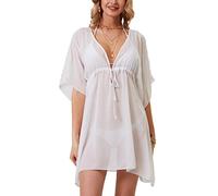 Robe de Plage Femme ete Cache-maillots kimono Maillot pour Bikini Couvrir Bain V-Cou Sexy couleur unie mousseline Beach Cover Up L'été paréo(Taille unique,Blanc)