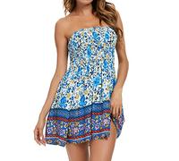 robe de plage femme ete courte sexy epaule denudee robe bustier femme mariage invitée robe fleurie femme chic et elegant boheme fluide sans manches mini robe casual femme vacances (Blue, XXL)