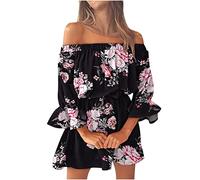 robe de plage femme ete courte sexy robe boheme chic femme fleurie bustier grande taille robe femme manches 3/4 volants epaule denudee mini robe retro ample casual mode pas cher (Black, XXXL)