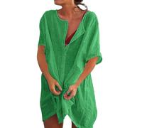 Robe De Plage Femme Ete - Pareo Plage Chemise Col Rond Kimono Élégant Cache Maillot De Bain Bikini Cover Up Tunique Casual en Coton en Lin, Chemisier Blouse Grande Taille pour Vacances, Beach, Piscine