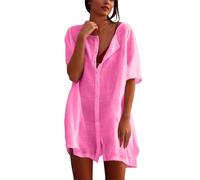 Robe de Plage Femme Été, Tunique de Plage Élégante, Chemise Manche Courte de Plage en Coton, Cache Maillot de Bain, Robe Longue Femme Grande Taille S-8XL (XXXXXXXL)