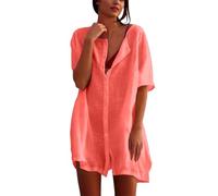 Robe de Plage Femme Été, Tunique de Plage Élégante, Chemise Manche Courte de Plage en Coton, Cache Maillot de Bain, Robe Longue Femme Grande Taille S-8XL (A0a1-Watermelon Red, M)