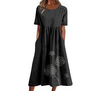 Robe de Plage Femme Grande Taille- Robe Legere Fluide Ete Coton et Lin-Robe Longue Femme Manches 3/4 Couleur Pure Dresses Loisirs Confortable Léger Chic Et Élégant Robe pour Vacances À La Plage