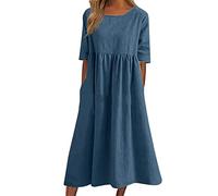 Robe de Plage Femme Grande Taille- Robe Legere Fluide Ete Coton et Lin-Robe Longue Femme Manches 3/4 Couleur Pure Dresses Loisirs Confortable Léger Chic Et Élégant Robe pour Vacances À La Plage
