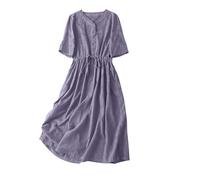 Robe De Plage Femme Robe Ample à Col en V Et Manches Cinq Points Couleur Unie Style LittéRaire Jupe DéContractéE Chic et élégant