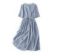 Robe De Plage Femme Robe Ample à Col en V Et Manches Cinq Points Couleur Unie Style LittéRaire Jupe DéContractéE Chic et élégant
