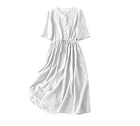 Robe De Plage Femme Robe Ample à Col en V Et Manches Cinq Points Couleur Unie Style LittéRaire Jupe DéContractéE Chic et élégant