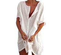 Robe de Plage Femme Tunique Plage Cache Maillot de Bain Été Chemise Longue Boutonnée Cache-Maillots Bikini Cover Up Basique Long T-Shirt Coverups De Bain Tenues De Vacances Vêtements Et