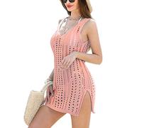 Robe de Plage Femmes Cache-Maillots V-Cou Sexy L'été Crochet Bikini Cover Up Robe Évider Couvrir Beach Bohême Beachwear(L,Rose)