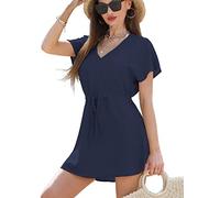 Robe de Plage Femmes ete Cache-Maillots V-Cou de Bain Taille Tunique Bikini Cover Up Sexy Bohême Casual Beachwear(XL,Bleu)