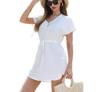 Robe de Plage Femmes ete Cache-Maillots V-Cou de Bain Taille Tunique Bikini Cover Up Sexy Bohême Casual Beachwear(M,Blanc)