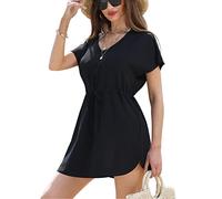 Robe de Plage Femmes ete Cache-Maillots V-Cou de Bain Taille Tunique Bikini Cover Up Sexy Bohême Casual Beachwear(XL,Noir)