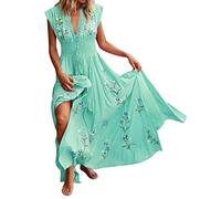 Robe de plage longue élégante pour femme - Robe d'été - Col en V - Robe tunique imprimée - Robe décontractée - Swing - Robes festives, bleu clair, M