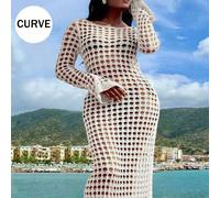 Robe de plage maxi sexy grande taille en tricot unicolore ajouré, manches longues, pour croisière, décontractée, été, vacances, blanche 1XL,2XL,3XLTricots