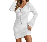 Robe de plage pour femme - Poncho de plage et robes de plage pour robe d'été - Tunique de plage en dentelle - Col en V court et élégant - Bikini Cover Up à manches courtes et col en V, O blanc., L