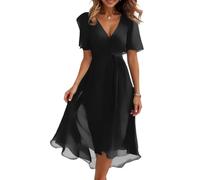Robe de Plage Soiree Cocktail Femme D'été Fleurie Midi 2025 Robe Manches Courtes Chemise Femme Chic et élégante Mi Longue Dames Ensemble Printemps d'été Enceinte Chemise Ceremonie (Black,Small)