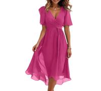 Robe de Plage Soiree Cocktail Femme D'été Fleurie Midi 2025 Robe Manches Courtes Chemise Femme Chic et élégante Mi Longue Dames Ensemble Printemps d'été Enceinte Chemise Ceremonie (Hot Pink,Small)