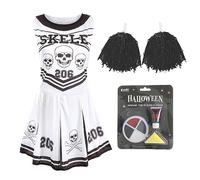 Robe de pom-pom girl squelette d'Halloween pour femme - Taille M 36-38 - Noir/blanc avec pompons rouges, collants sanglants, faux sang et visage