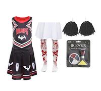 Robe de pom-pom girl vampire pour fille - Taille M - Noir avec pompons rouges, faux sang et maquillage pour le visage