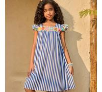 Robe de poupée rayée décontractée pour tous les jours pour préadolescentes, avec jupe évasée, patchwork floral au crochet, manches évasées à franges, convient pour les robes d'été de vacances 8Y,9Y,10