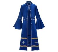 Robe de prêtre pour femme Soutane Vêtement de chœur évasée Manches Cosplay Robe de danse liturgique Robe à manches longues Col montant Tunique Halloween prédicateur, O bleu., S