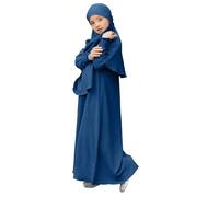Robe de prière musulmane à manches longues Abaya pour filles - Couleur unie - Caftan Abaya avec hijab - Vêtements islamiques modeste arabe Dubaï Aïd, bleu marine, 11-12 ans
