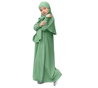 Robe de prière musulmane à manches longues Abaya pour filles - Couleur unie - Caftan Abaya avec hijab - Vêtements islamiques modeste arabe Dubaï Aïd, vert menthe, 11-12 ans