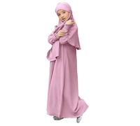 Robe de prière musulmane à manches longues Abaya pour filles - Couleur unie - Caftan Abaya avec hijab - Vêtements islamiques modeste arabe Dubaï Aïd, rose, 11-12 ans