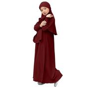 Robe de prière musulmane à manches longues Abaya pour filles - Couleur unie - Caftan Abaya avec hijab - Vêtements islamiques modeste arabe Dubaï Aïd, bordeaux, 9-10 ans