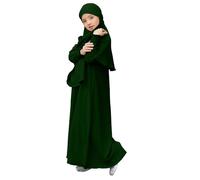 Robe de prière musulmane à manches longues Abaya pour filles - Couleur unie - Caftan Abaya avec hijab - Vêtements islamiques modeste arabe Dubaï Aïd, Vert, 11-12 ans